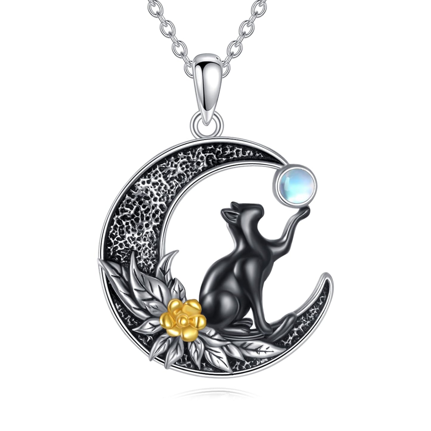 Vadmans Black Cat Necklace Sterling Silver Moon Pendant Cute Animals Jewelry Gifts for Women Cat Lover