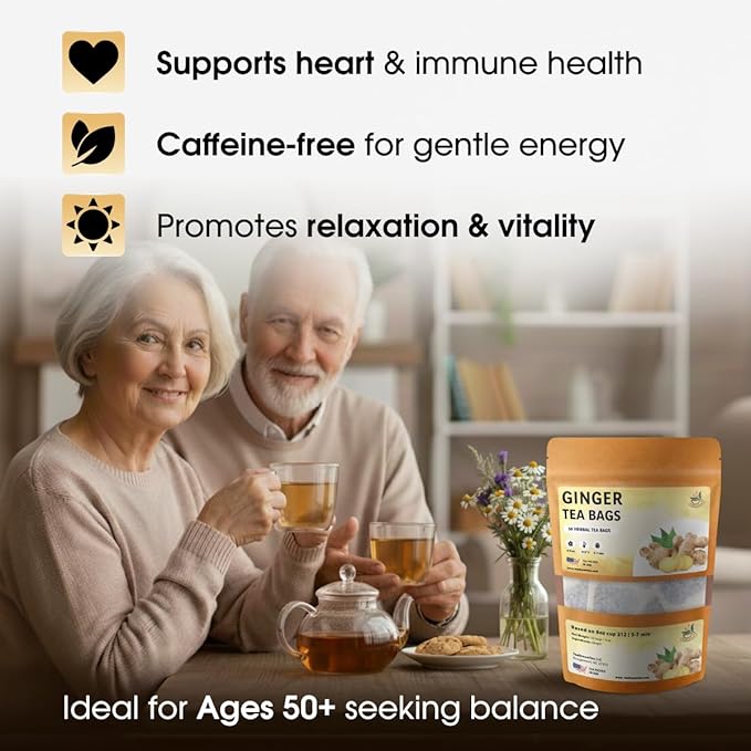 Ginger Tea Bags - 25 Bags - Premium & Spicy Ginger Herbal Tea - Pure Natural Extract Caffeine-Free and Gluten-Free Herbal Tea from Real Flowers for Relaxation with Smooth Taste (25 count)
