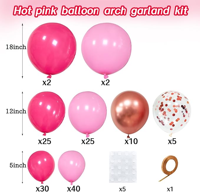 Hot Pink & Rose Gold Balloon Garland Arch Kit, 145 Pcs – Confetti & Metallic Latex Balloons for Girls Birthday, Bridal Shower & Princess Party