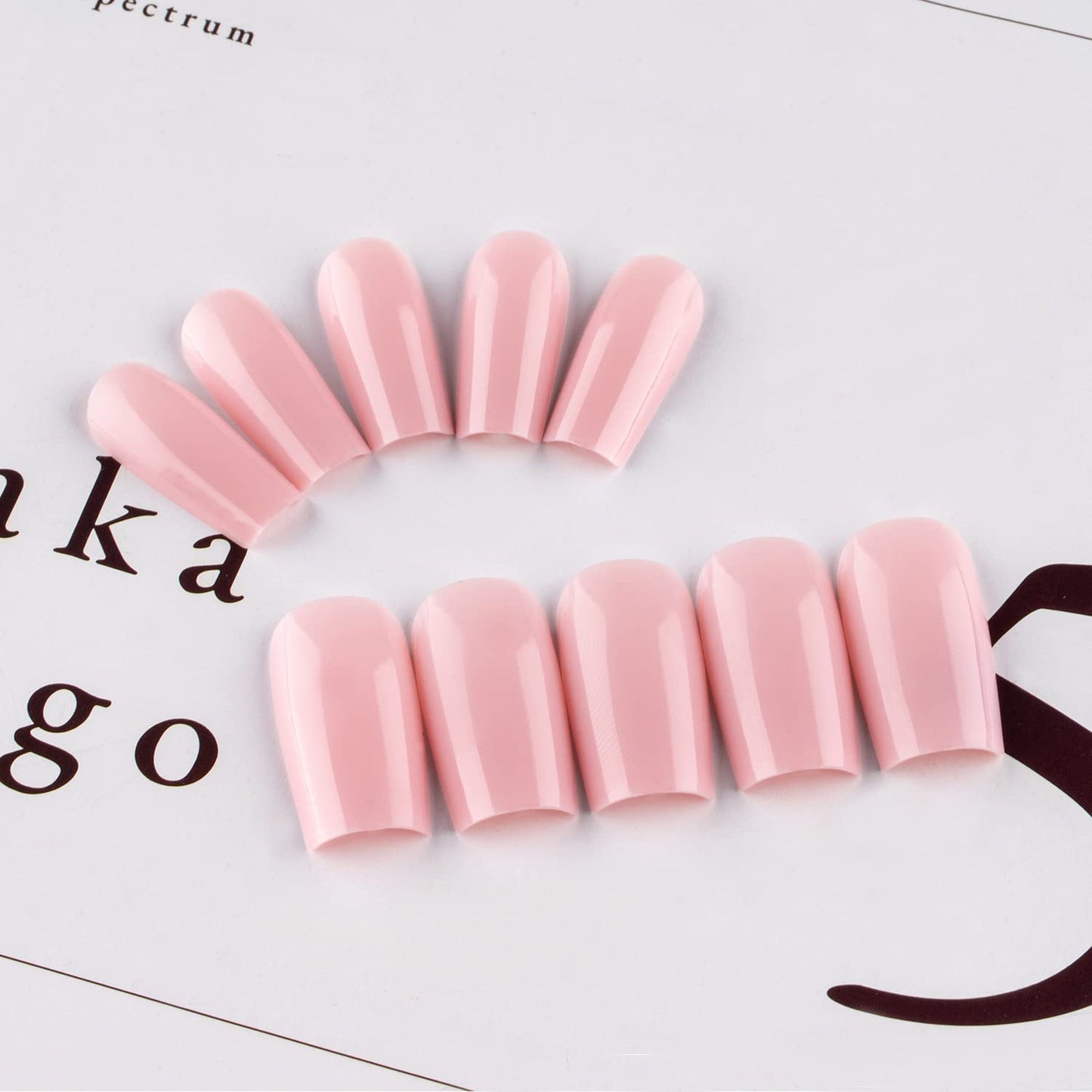 KQueenest Light Pink Press on Nails Long Medium Square, Nude Pink Fake Nails Medium Coffin, Glossy Sheer Color Acrylic Nails Press ons, Reusable Soft Gel Glue on Nails for Women Summer