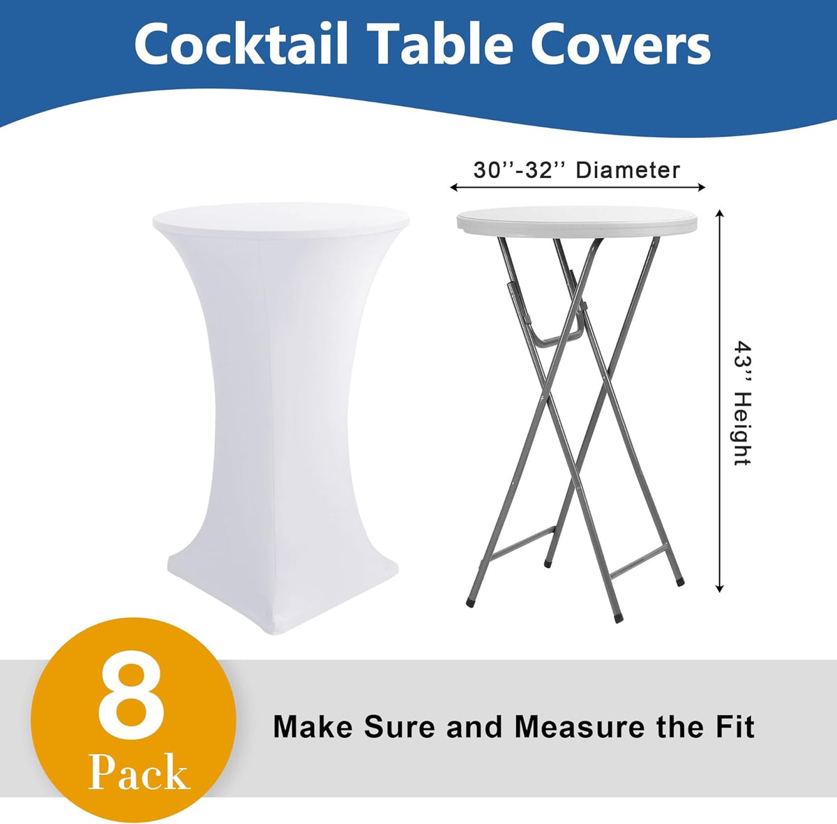 Cocktail Table Covers-Spandex Round High Top Table Cloths 8 Pack 32x43 Inch-White Stretch Fitted Bar Tall Tablecloth for Pub Bistro Highboy Party Event Banquet Height Folding Satnding Tables