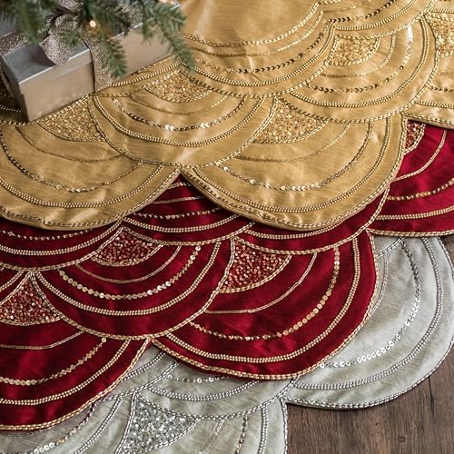 Balsam Hill Elizabeth Beaded Christmas Tree Skirt - Cranberry, Silver & Gold Luxury Tree Skirts with Hand-Applied Beads for Tree Decor, Silver, 60"