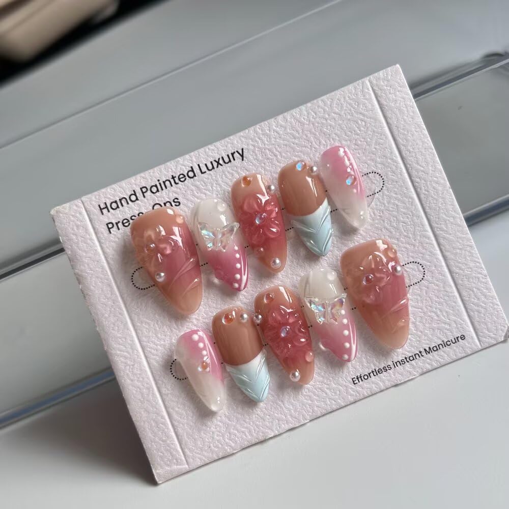Handmade Press on Nails Medium Almond Blue French Tip False Nails with 3D Pearl Design Stick on Nails Pink Artificial Nail Full Cover Glue on Nails for Women DIY 10 Pcs (Size M）