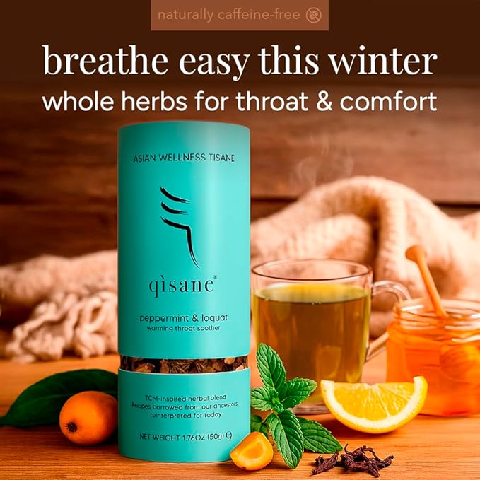 qìsane Organic Peppermint Tea Bags with Loquat Leaves - Whole Organic Peppermint Leaves, Loquat, Ginger & Balloon Flower Roots - Herbal Tea for Cough Support & Easy Breathing - 10 sachets (~30 cups)