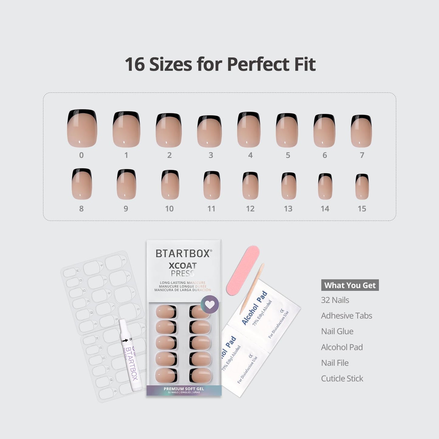 French Tip Press On Nails - BTArtbox Jelly Square Fake Nails with Nail Glue, Reusable Semi-Transparent Stick On Nails in 16 Sizes - 32PCS Soft Gel Glue On Nails Kit, Classic Black