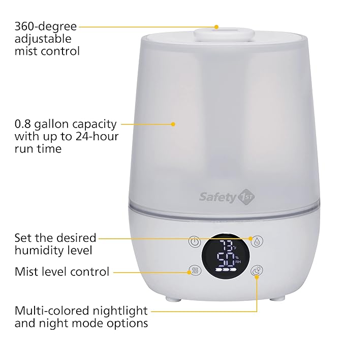 Safety 1st Humid Control Filter Free Humidifier, Detects temperature and humidity levels, White