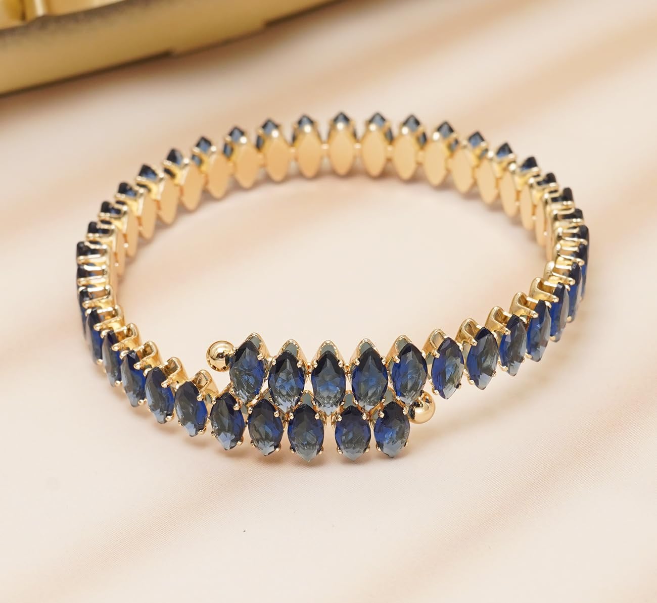 Wovanoo Rhinestone Cuff Bracelet Cubic Zirconia Tennis Bracelets Open Adjustable Elastic Bangle for Women Gold Blue