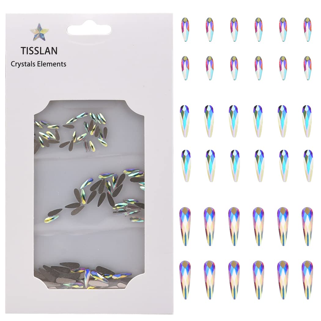 Tisslan 100pcs Mix 3 Sizes Glass Crystal AB Raindrop Shape Flat Back 3D Nail Rhinestones Jewels Decoration Accessories Supplies