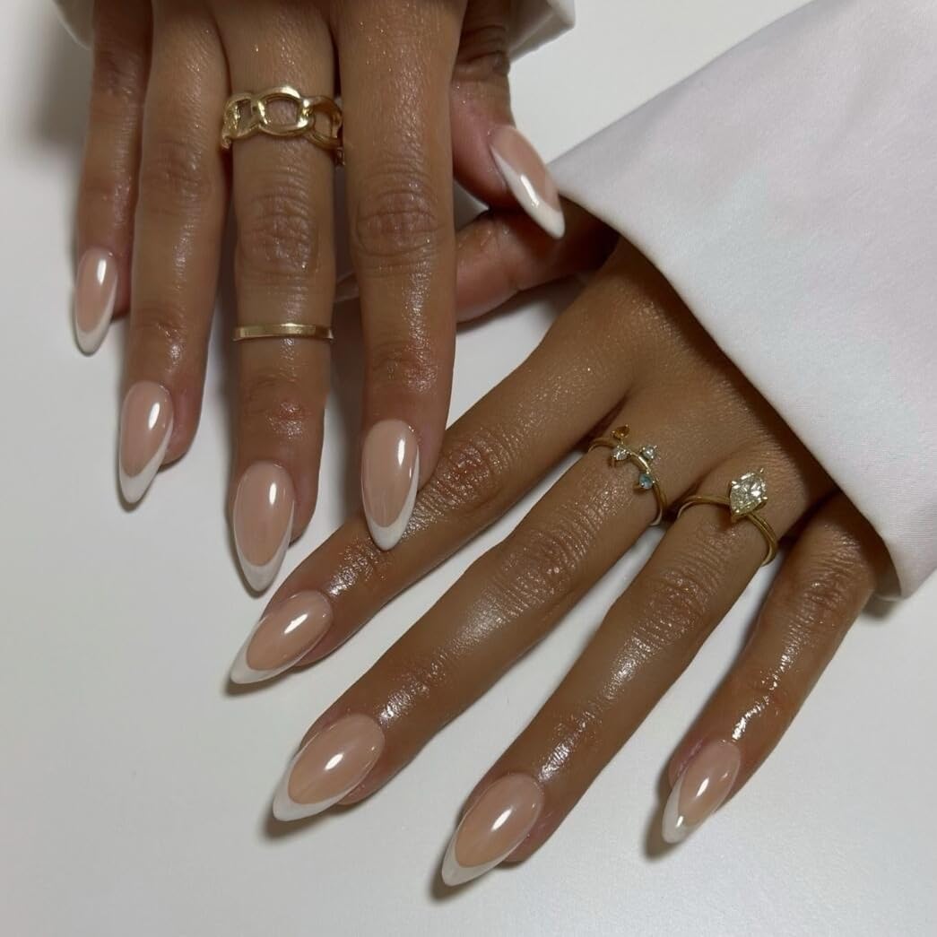 White French Tip Press On Nails Almond - KQueenest Chrome Press On Nails Medium, Glazed Natural Light Nude Fake Nails Press on, Reusable Glue on Nails Stick On Nail for Women Bridal Wedding