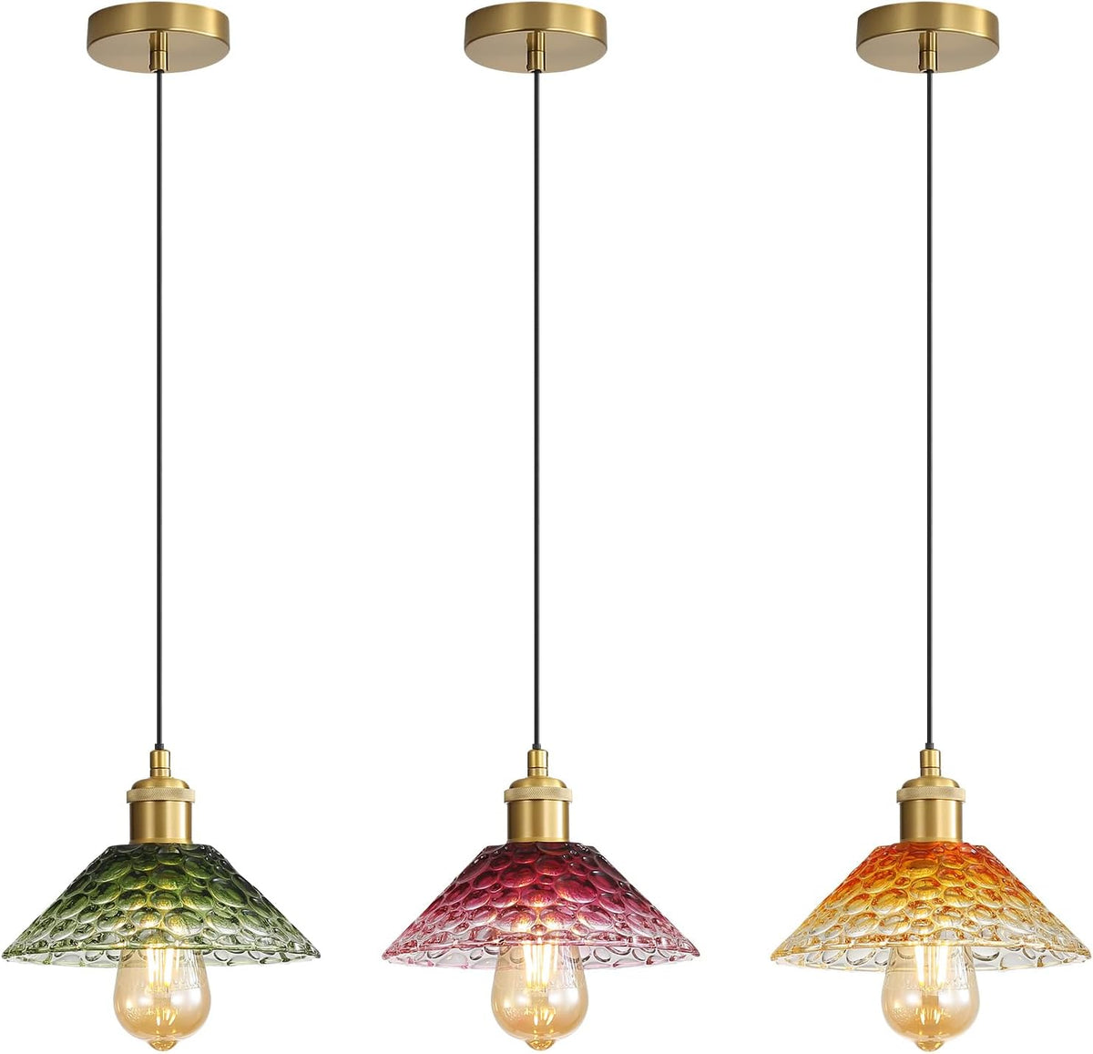 3-Pack Pendant Lights, Modern Glass Ceiling Hanging Light Fixtures,Adjustable Three Color Glass Shades Vintage Gold Chandeliers for Kitchen Island Dining Room Livingroom Entryway Farmhouse Bar