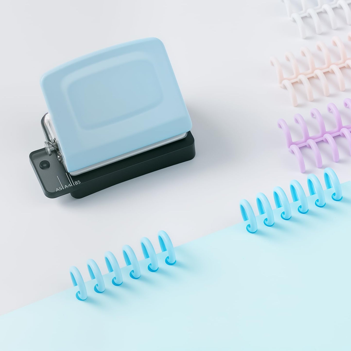 Spiral Binding Machine-Mini 6 Hole Puncher, DIY Creative Book Binder Machine for Planner, A4-30 Holes, A5-20 Holes, B5 26 Holes with 16 PCS 6-Hole Loose Leaf - Blue