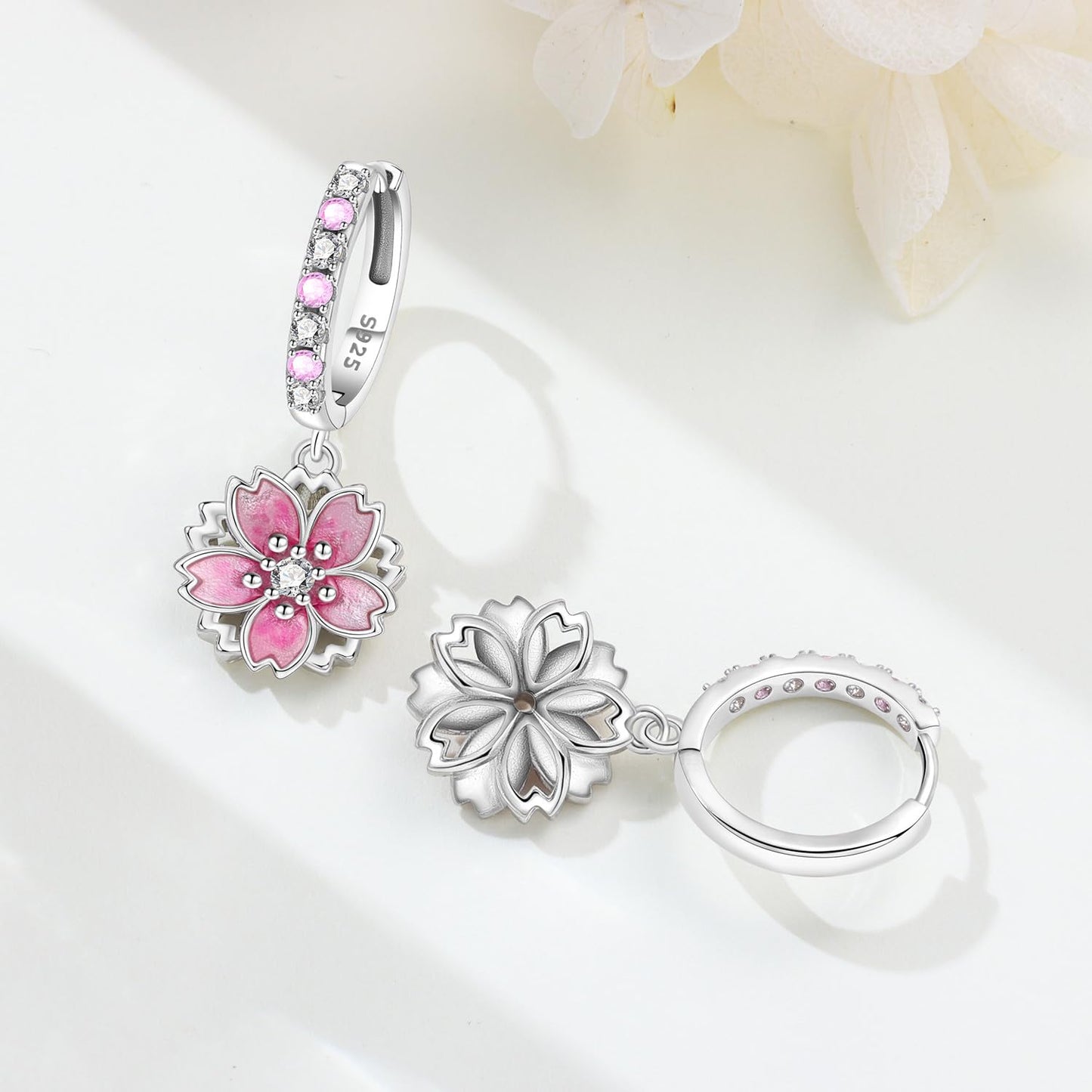 vireau 925 Sterling Silver Drop Earrings Dragonfly Flower Moon Star Dangle Earrings Hypoallergenic Sterling Silver Earrings Jewelry for Women (Cherry Blossom)