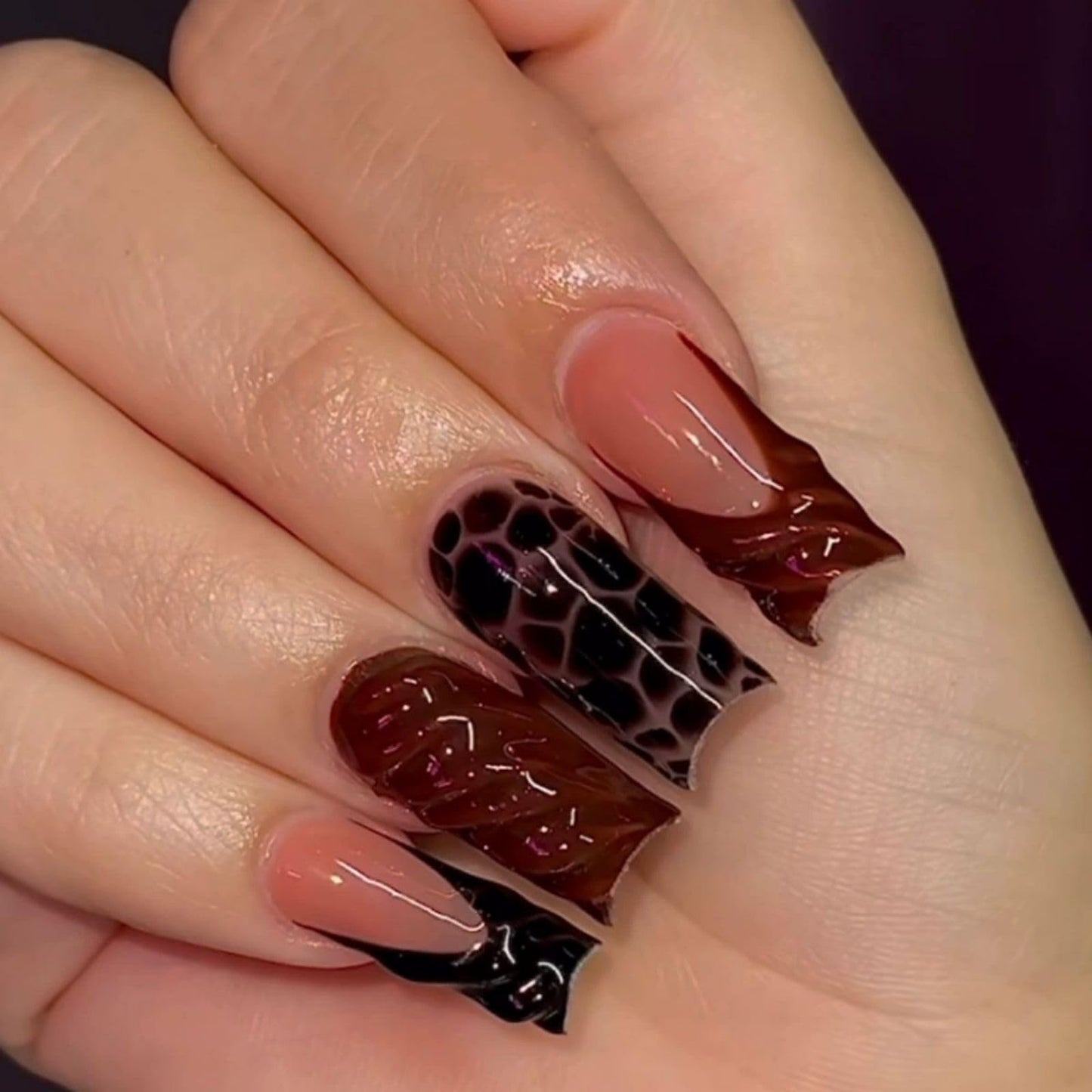 QQPPOLIU Long Press on Nails Square Fake Nails for Hot Girls Black French Tips Stick on Nails with Design 3D Coat Glue on Nails 24pcs