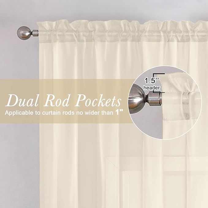 Lecloud Cream Sheer Curtains 78 Inches Long 2 Panels, Elegant Light Filtering Voile Breathable Curtains, Gauzy Window Decor with Top Dual Rod Pocket for Living Room Bedroom, Each 42" W x 78" L