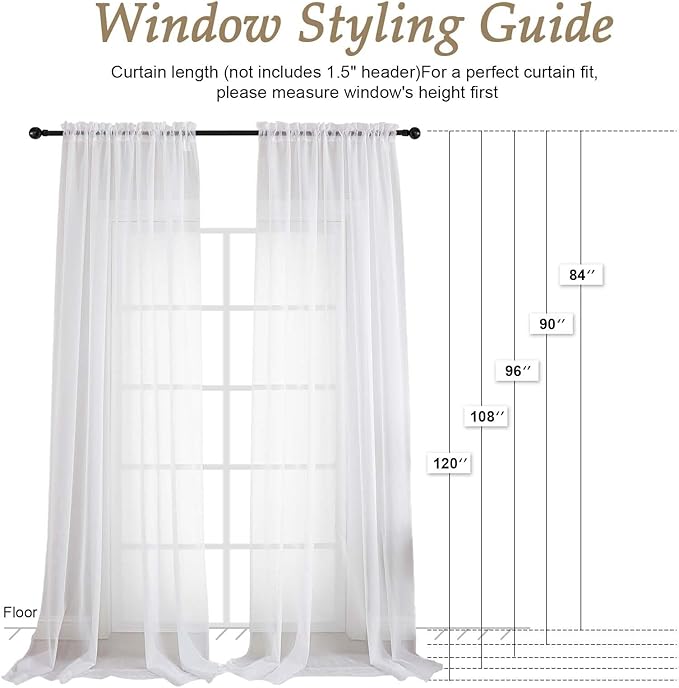 OVZME White Sheer Curtains 84 Inches Long 2 Panels Set, 59 Inch Extra Wide Light Filtering Sheer White Curtains for Living Room Bedroom, Modern Voile Filmy Rod Pocket Window Drapes, 59Wx84L Inches