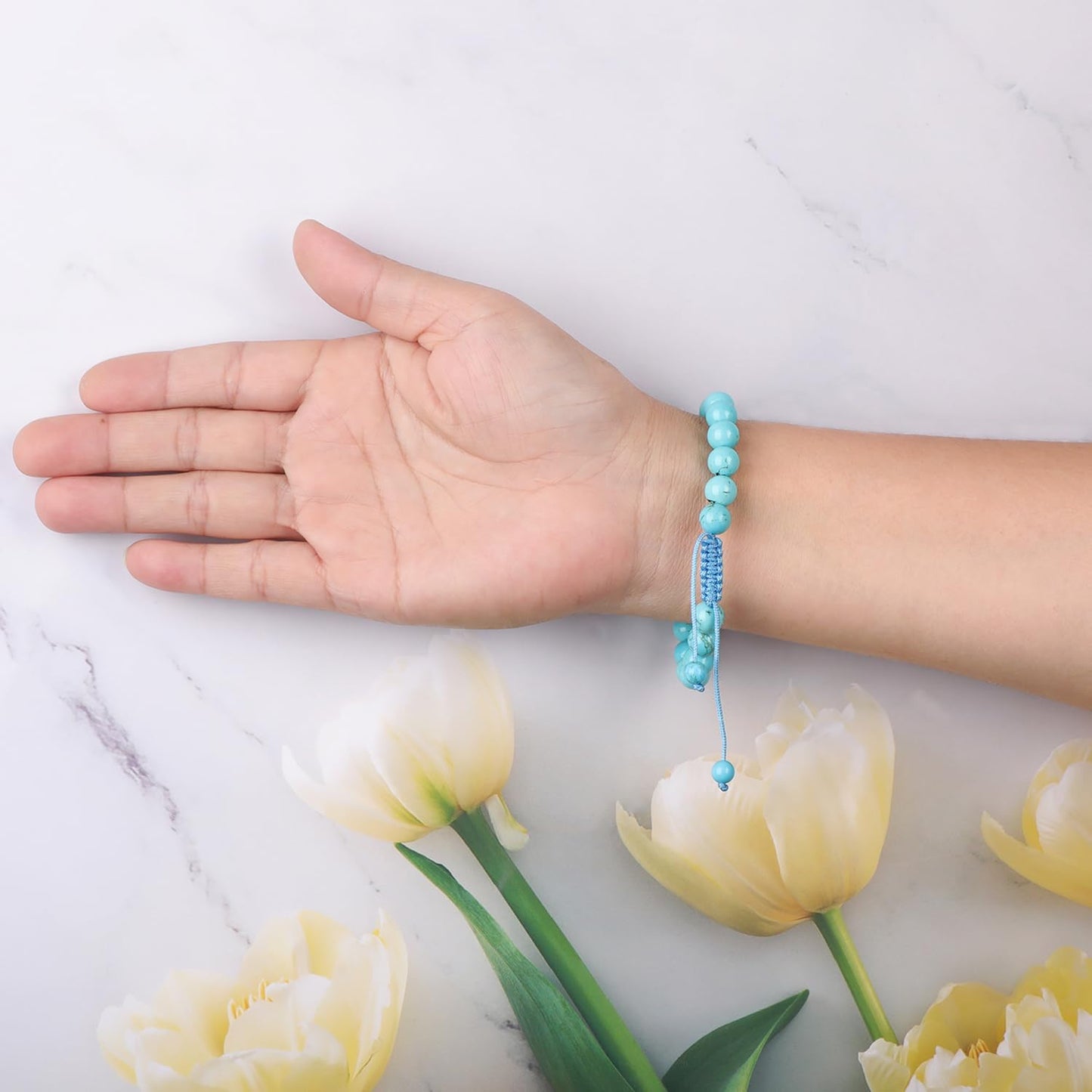 AD Beads 4mm Blue Turquoise - Wisdom - Handmade Natural Stone Crystal Bracelet with Adjustable Macrame String - Yoga Healing Power Energy Gifts for Men and Women