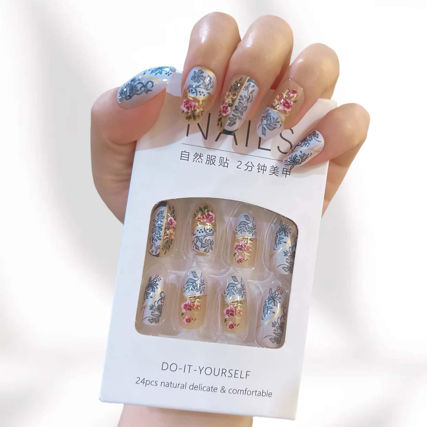 Flower Press on Nails Short Almond Fake Nails Blue Floral with Peony Design Full Cover Glossy Acrylic Artificial Fingernails Press Ons Blossom Stick on Nail 24Pcs