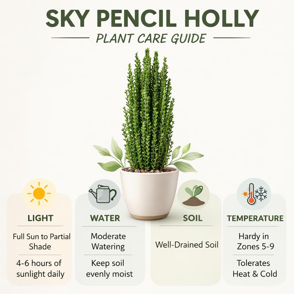 2 Sky Pencil Holly Live Plants, 2.5-Inch Pot, 6–12 Inch Tall Japanese Holly Shrubs, Easy Care Evergreen Trees for Outdoor Landscaping