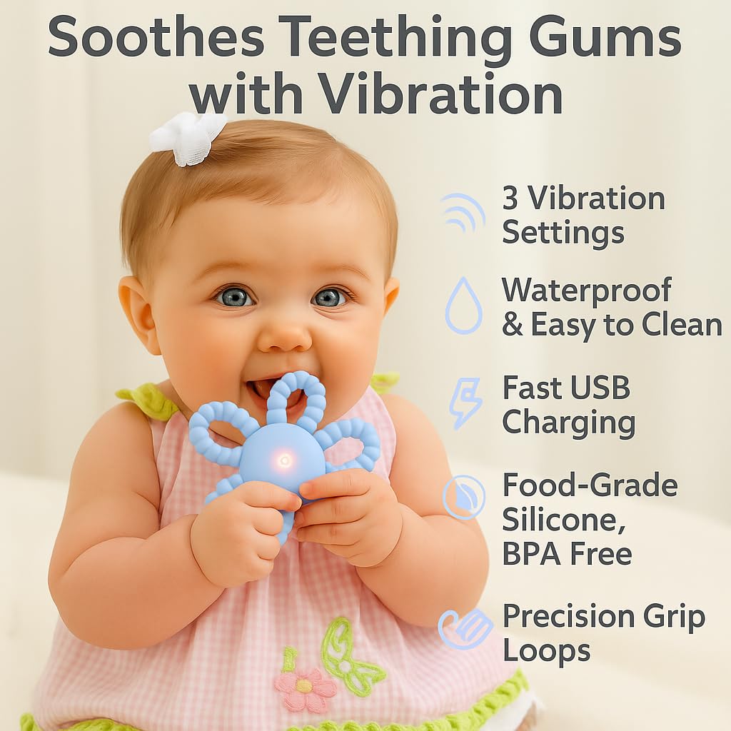 Vibrating Teether for Babies, Soft Silicone Baby Teething Toy with 3 Vibration Levels, USB C Rechargeable BPA Free Teether for Infant & Toddler, Sensory Chew Toy (Blue)
