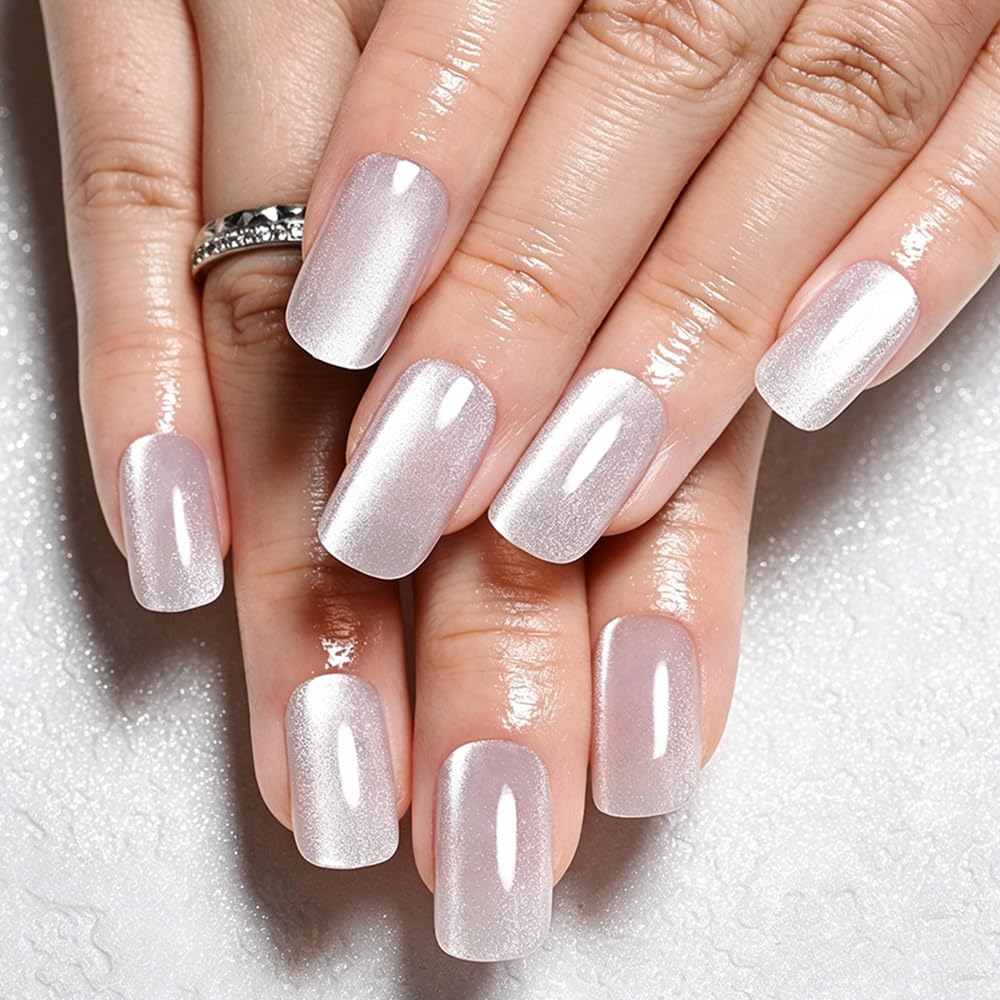 evpct Pearl Cat Eye Press on Nails Square Medium for Women, Pearl White Medium Square No Glue Stick on Nails with Cat Eye Design, Holographic Glossy Soft Nail, Reusable Press on Acrylic Fake Nail