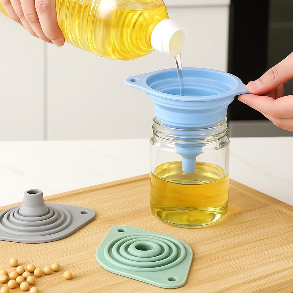 Kitchen Funnel Set, 2025 New Food Grade Silicone Collapsible Small Funnel for Kitchen Use, Kitchen Funnels for Filling Water Bottle Liquid Transfer Kitchen Gadgets (3 pcs)