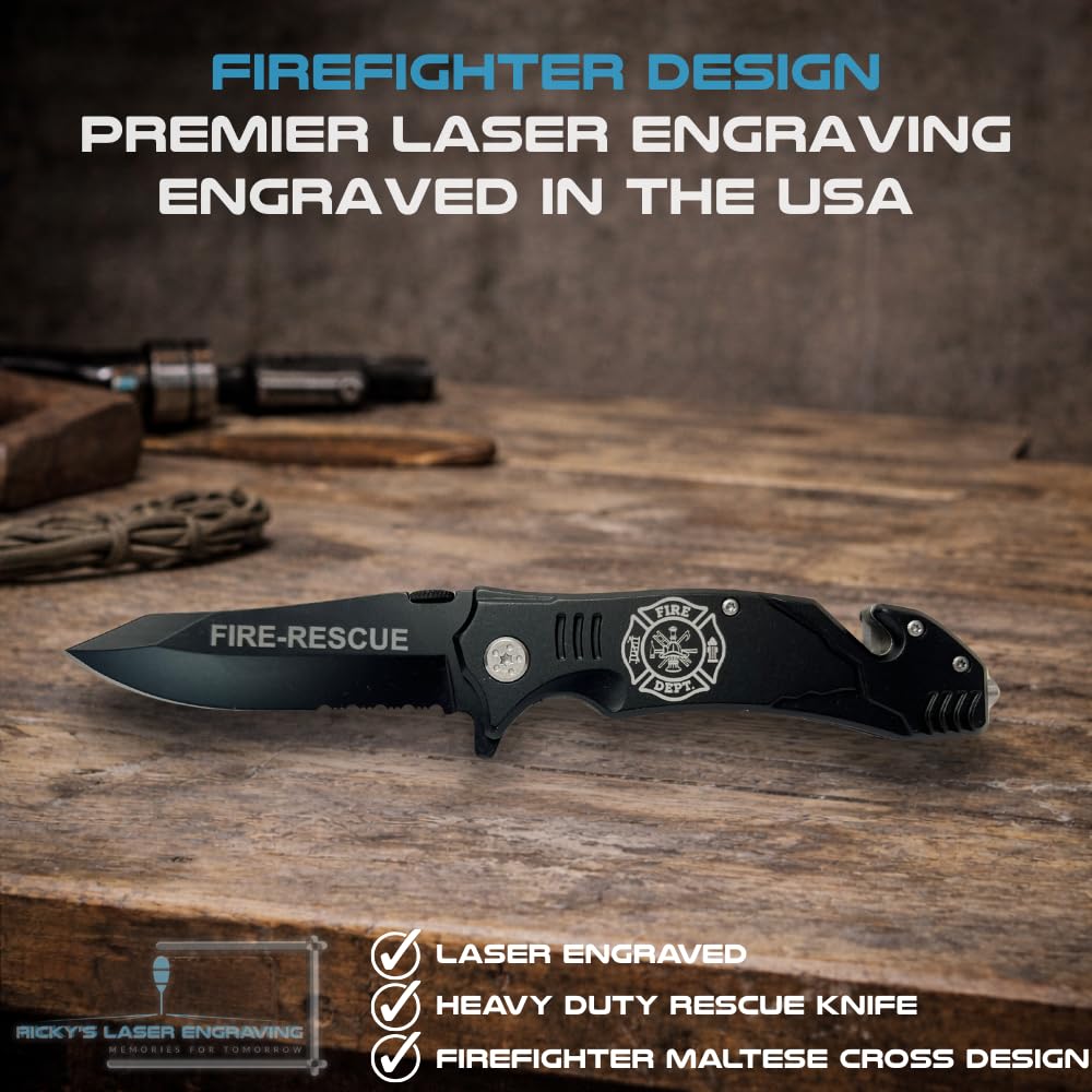 Black Firefighter Rescue Knife – Emergency Window Breaker, Seatbelt Cutter, Combo Edge Blade – Firefighter Tools & Firefighter Gifts for Men – Tactical Firefighter Knife with Belt Clip
