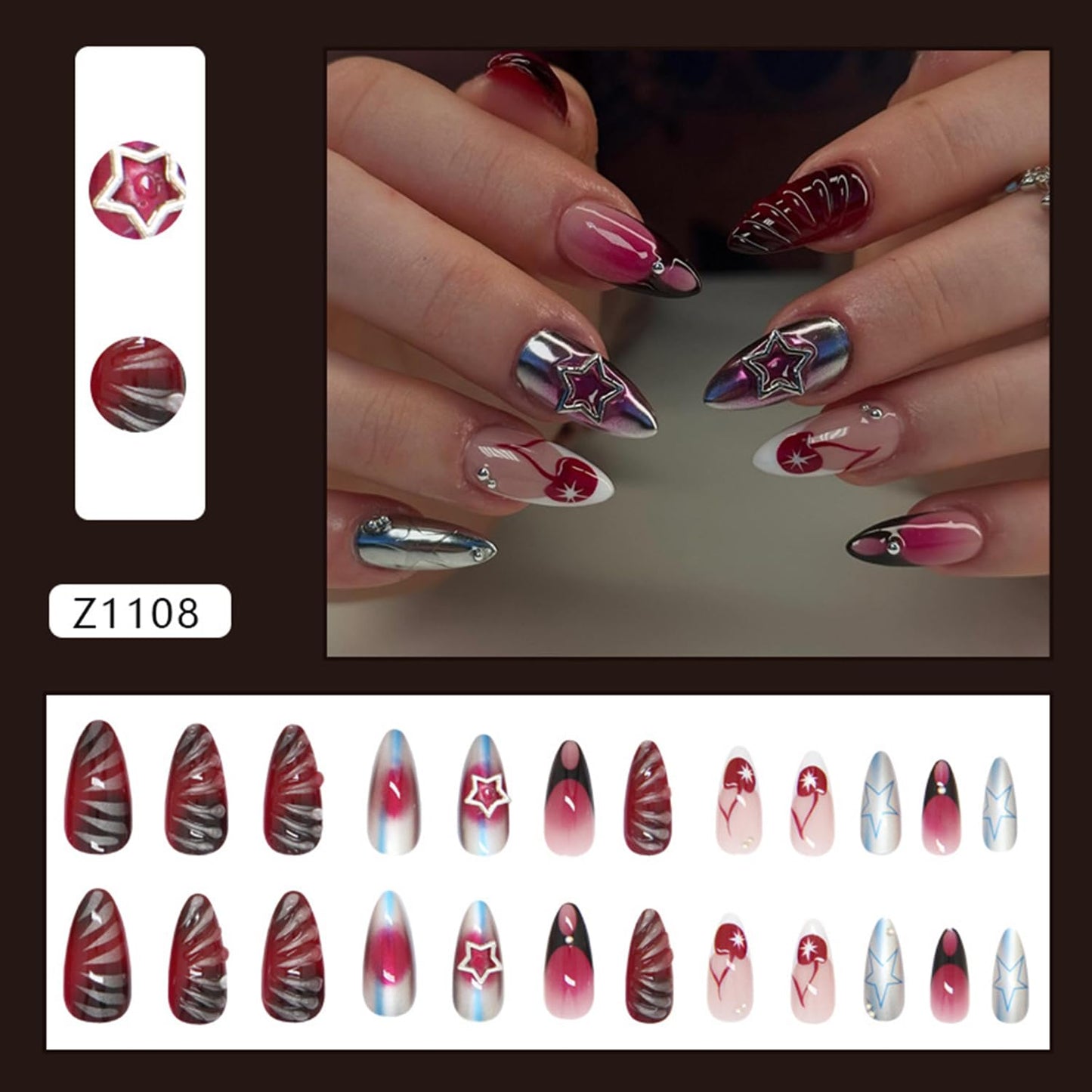 3D Star Charms Press on Nails Blush Gradient Fake Nails with French Tip Design Long Almond Full Cover False Nail for Women