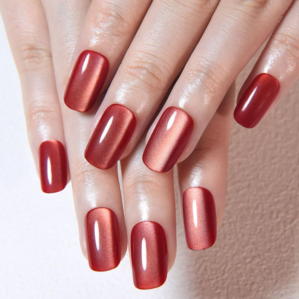 Red Cat Eye Press on Nails Medium Square, Medium Square Press Stick on Nails Chrome for Women Gift, Red Holographic Glitter Glossy Reusable Soft Gel Acrylic Fake Nail with Designs Cateye Effect
