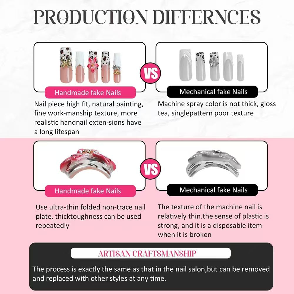 Threelegscat Square Handmade Press on Nails Medium Nails Press Ons With 3d Flower and French Tip Design Reusable Fake Nails for Women for Spring and Holiday 10pcs M Size Pattern S1110