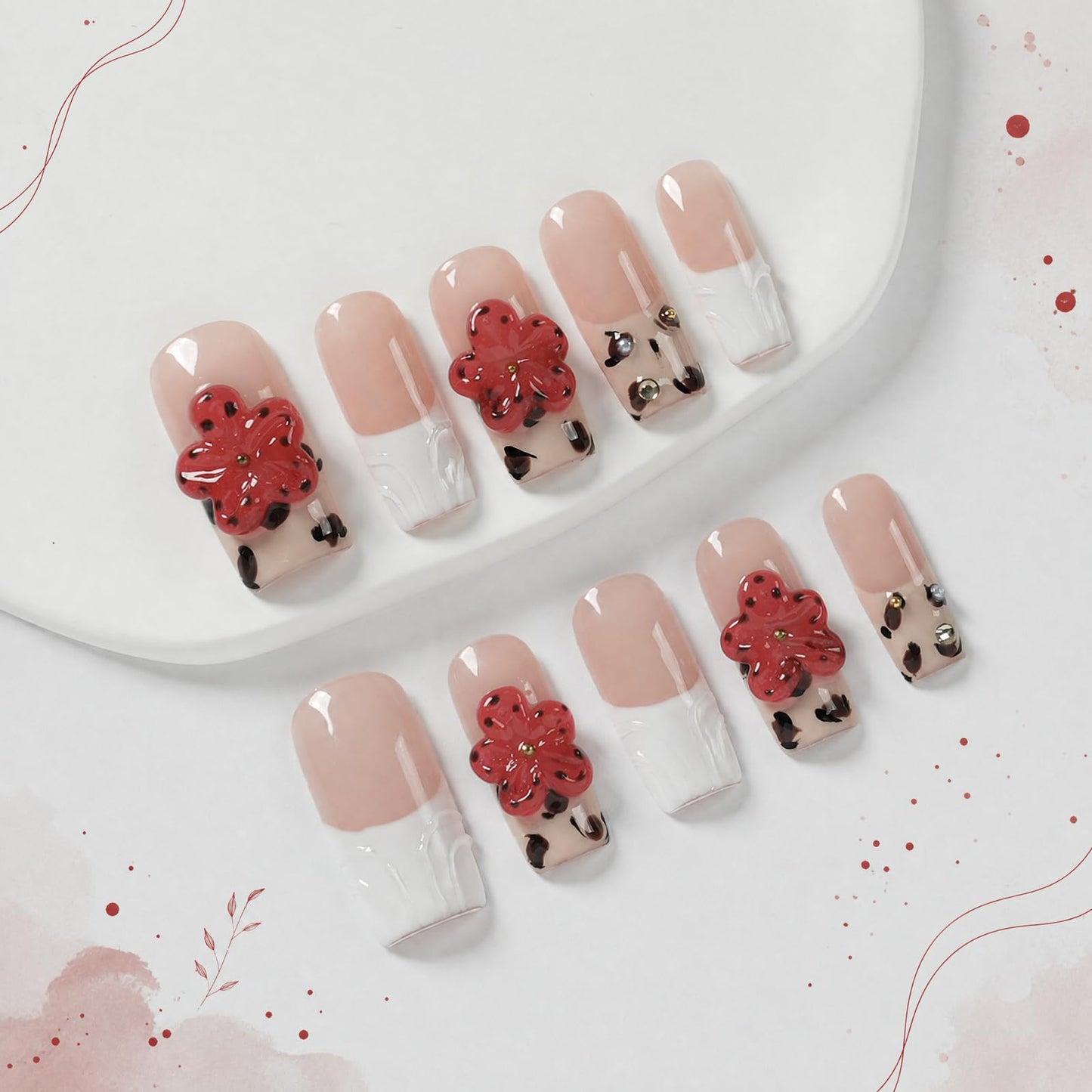 Tesytto Press On Nails Medium Square Red Flower Design, Handmade Acrylic Fake Nails with Leopard Print White French Tip, Reusable Glossy False Nails for Women Girls (Embossed French Leopard Bloom,M)