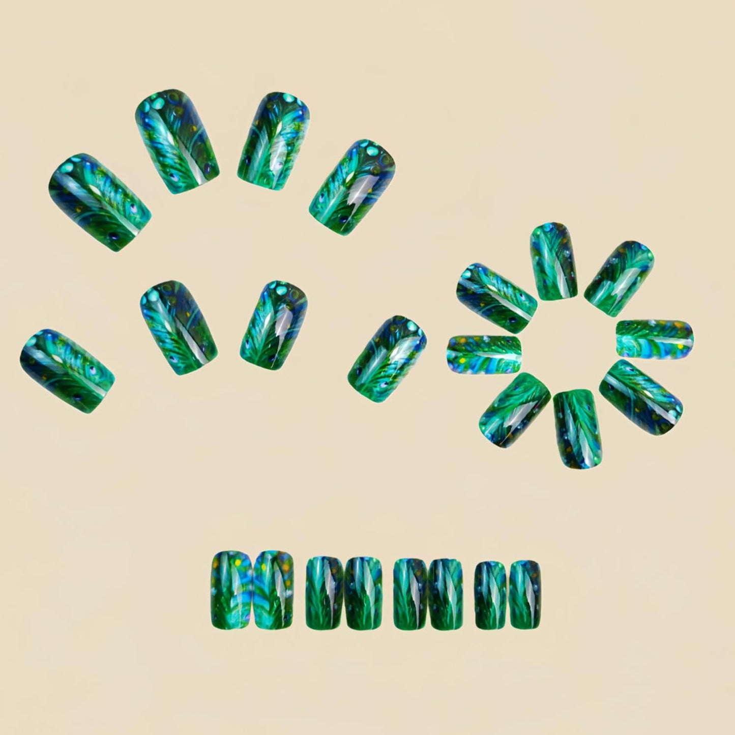 Green Press on Nails Medium Square Fake Nails Feathers False Nail Glossy Full Cover Acrylic Peacock Feather Stick on Nail for Women 24Pcs