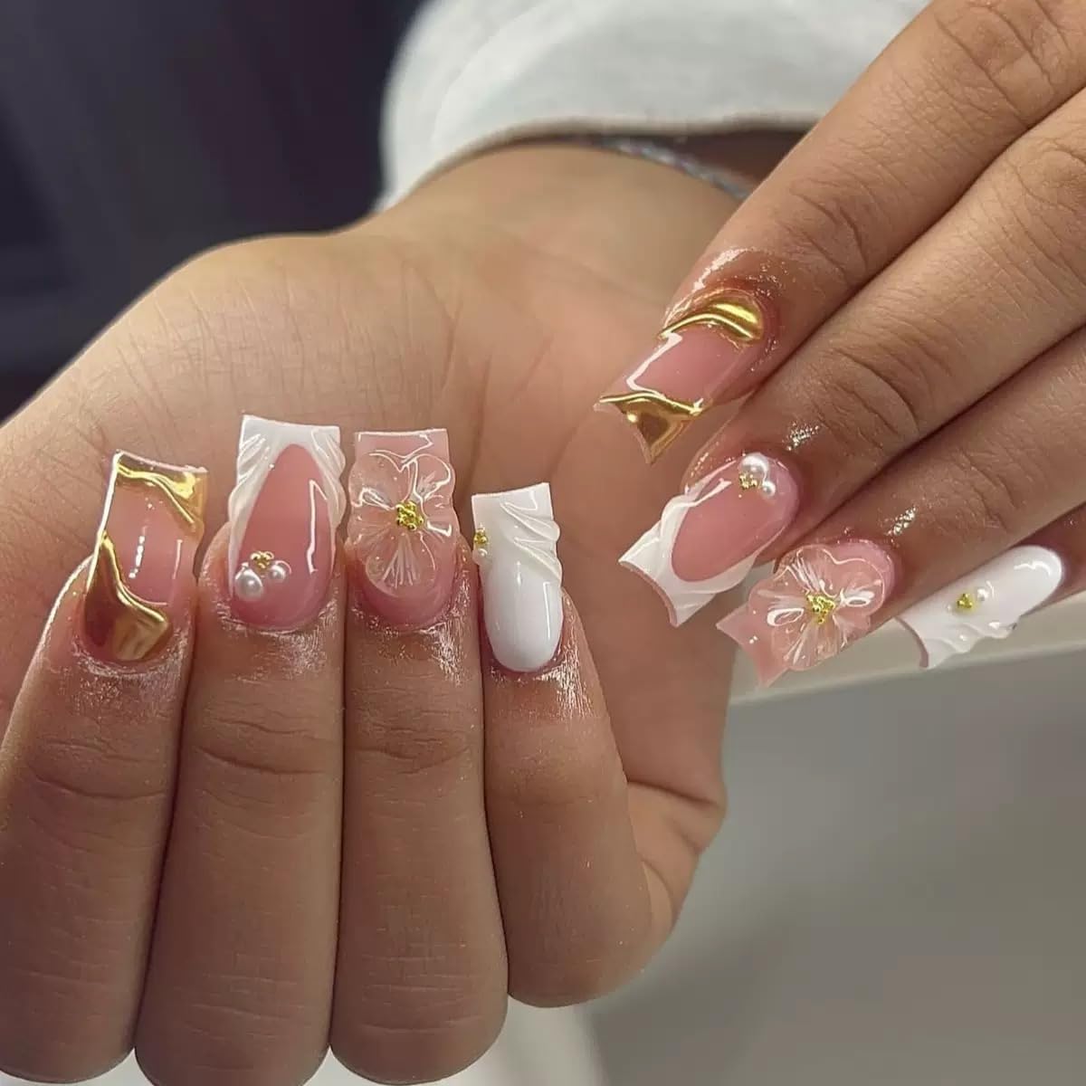 Square Press on Nails Medium - White French Tip Fake Nails with 3D Flower Wave Design- Elegant Full Cover Stick on False Nails for Women - 24 Pcs