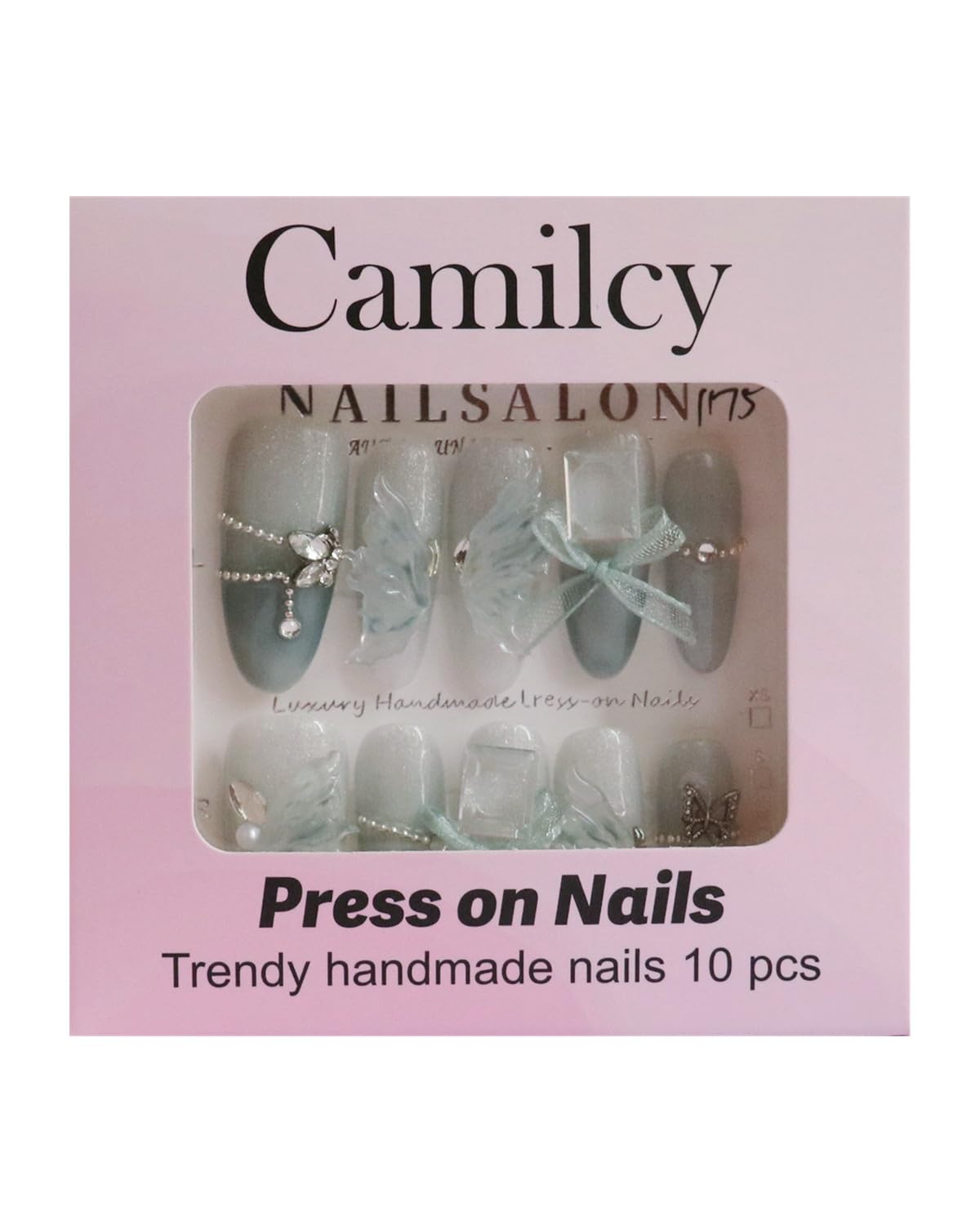 CAMILCY Press on Nails Handmade Nails Luxury Reusable Fake Nails For Girls long Almond armor Gradient Blue Diamonds HandPainted Salon Loveful Design Acrylic GelUV Finished 3D Nails 10PCS(A018, M)