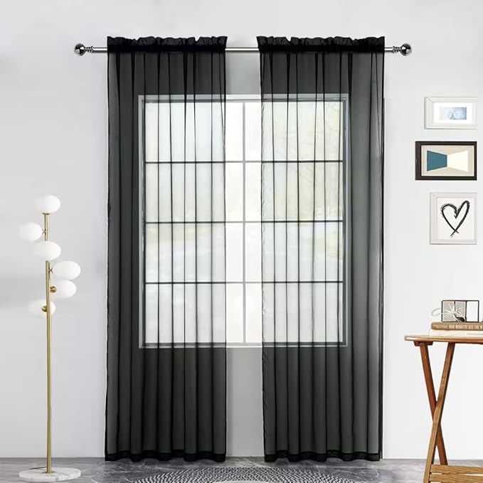 SpaceDresser Sheer Voile Window Treatment Rod Pocket Curtain Panels for Kitchen Bedroom Living Room Drapes Sunlight Filtering Privacy Semi Home Decor Assorted (Black, 52 W x 54 L)
