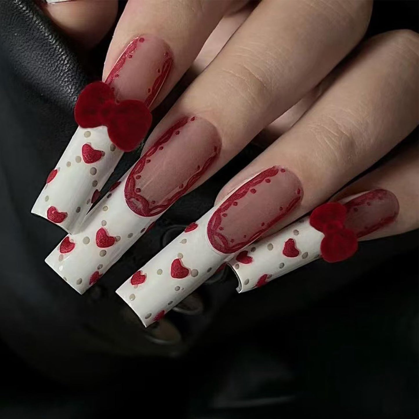 IMRAIN Square Press on Nails Long Length Fake Nails Full Cover Glue on Nails Glossy White French Tips False Nails with Furry Bow Designs for Women