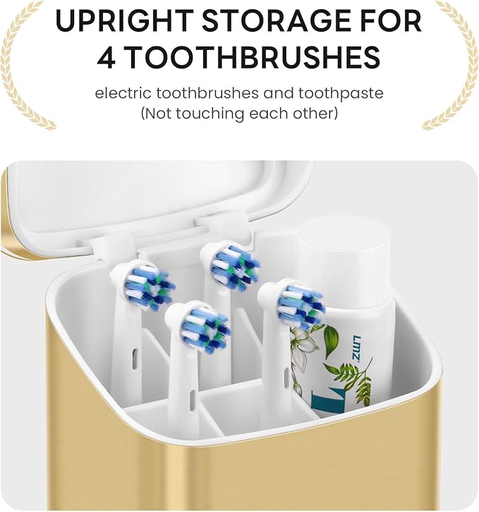 Toothbrush Holders with Cover - Electric Toothbrush Length Less Than 9 inches, 5 Slots Tooth Brush Holder for Bathroom, Detachable Toothpaste Holder Bathroom Organizers with Drainage, Gold