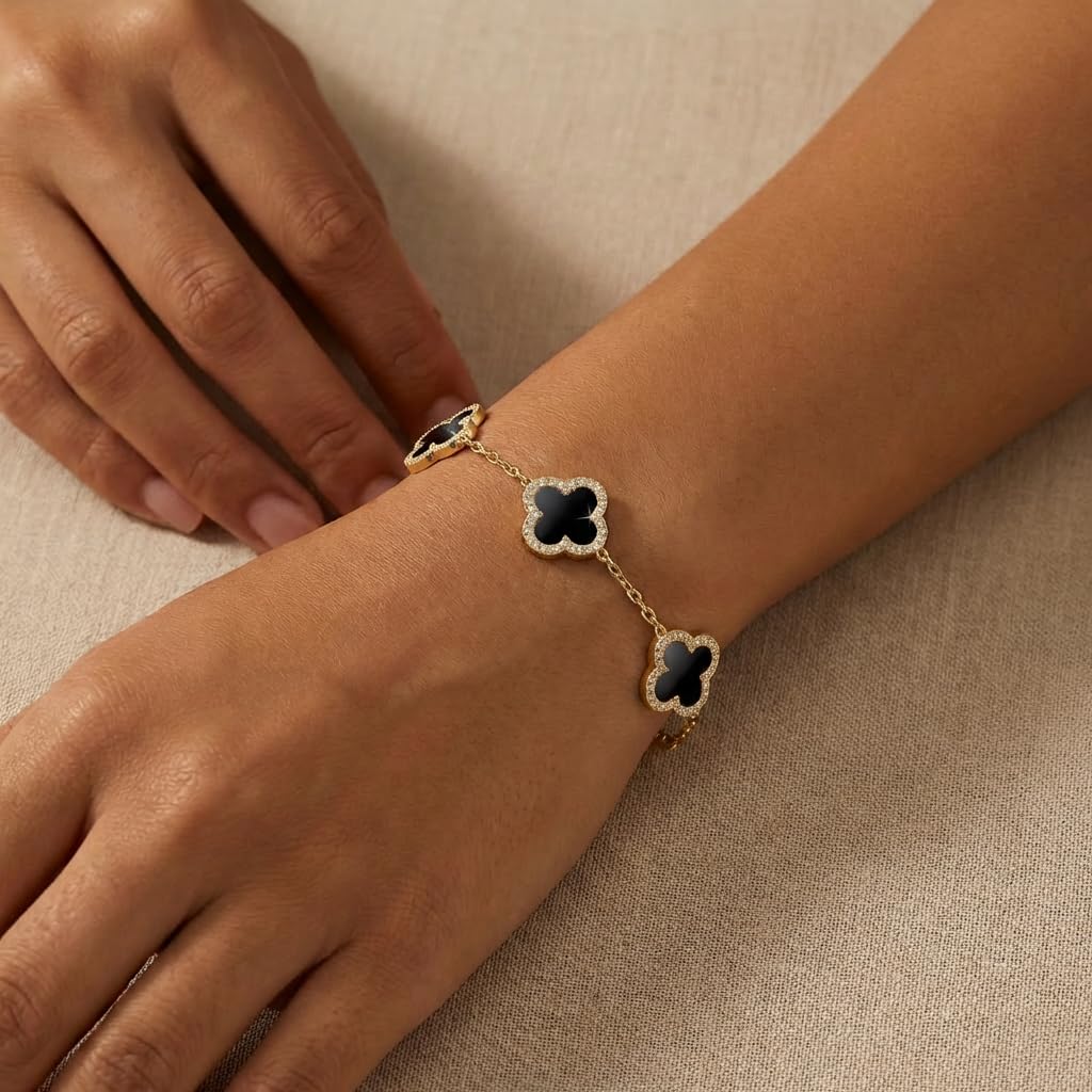 SHINYY Four Leaf Clover Bracelet for Women | 18K Gold Plated Cubic Zirconia Link Bracelet | 4 Leaf Lucky Jewelry Gift for Her (Black Gold)