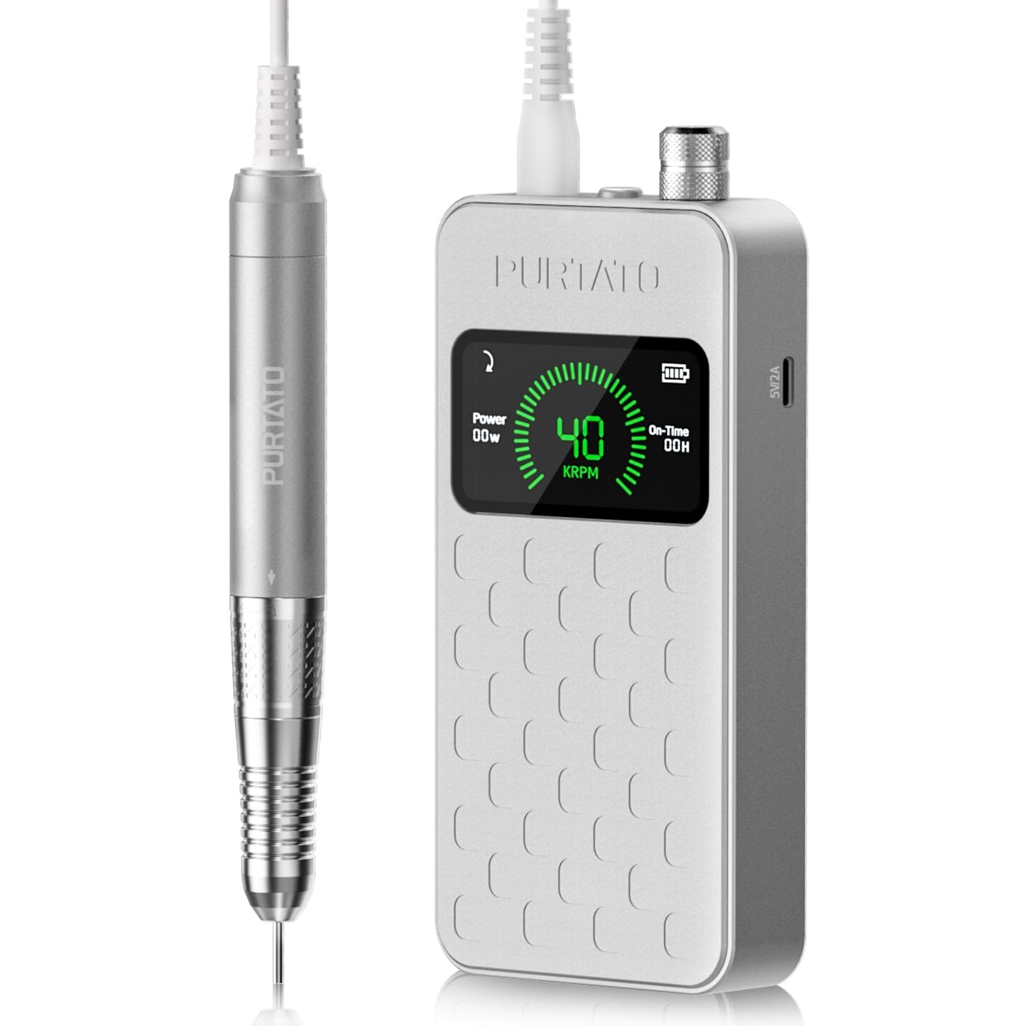 PURTATO - Professional Nail Drill Machine - Brushless Motor Nail File - Electric, Cordless, Aluminium Alloy Casing, 40000 RPM, HD Display - Perfect for Salon & Home Use (Sliver)