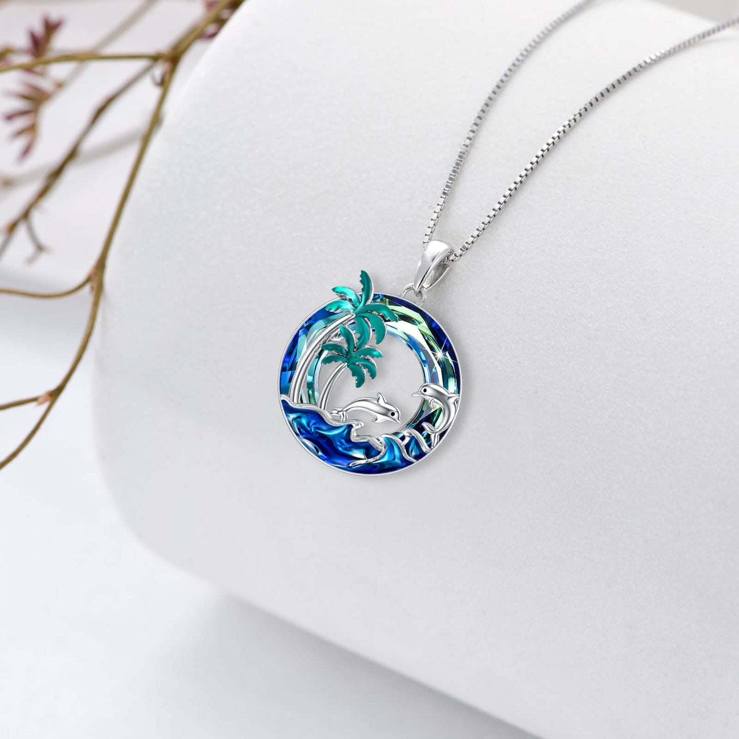 PROESS Dolphin Necklace Sterling Silver Palm Tree Pendant Necklace With Blue Crystal Ocean Wave Jewelry Gift For Women
