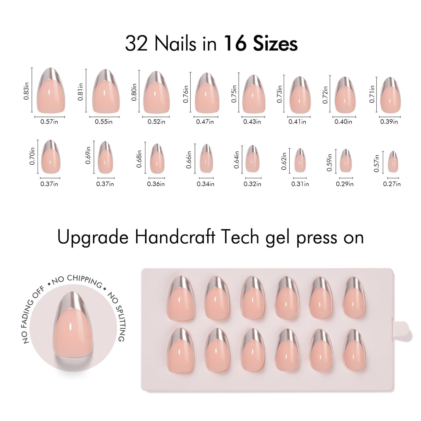 VSALON Almond Short Press on Nails, Silver Chrome Finish Glossy French Tip & Lamp