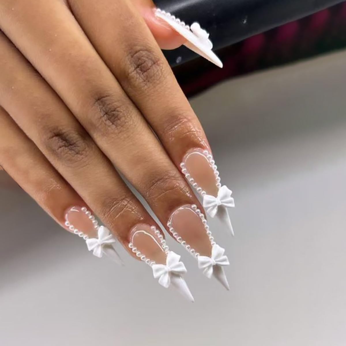 Valentine‘s Day Long Stiletto Press on Nails for Women - White French Tip with 3D Bow & Pearls, Dramatic Glossy Acrylic Fake Nails, Luxurious Full Cover Manicure Set, 24PCS