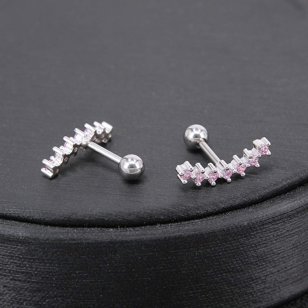 ZS Curve Seven Stud CZ Stud Earrings 316L Stainless Steel Ear Helix Conch Cartilage Piercing (Pink)