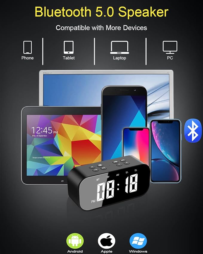 AFK Alarm Clock with Bluetooth Speaker for Bedroom/Office,Small Digital Clock for Heavy Sleepers Adults,Teens,Kids with Dual Alarms,Mirror LED Display,Hands-Free Calling.