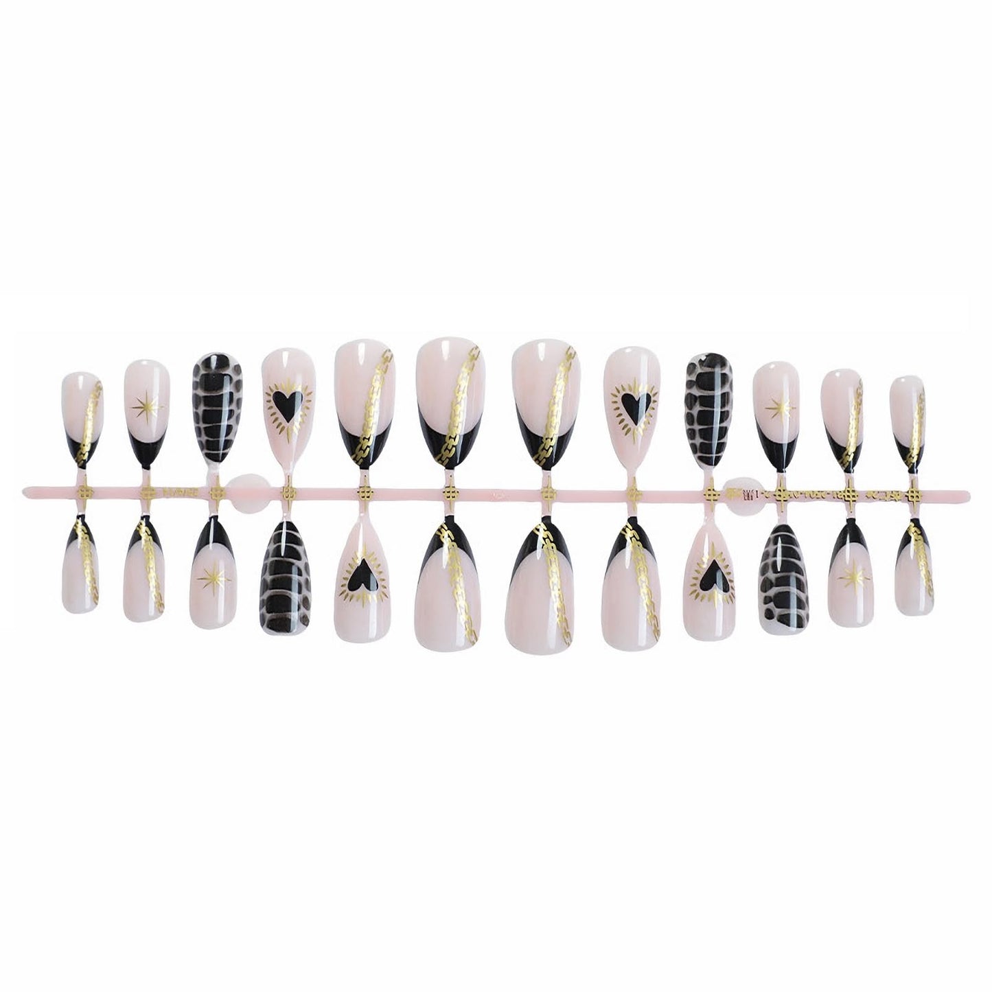 MISUD Press on Nails - Medium Almond Fake Nails with Black French Tip, Acrylic Flower Design 24 pcs
