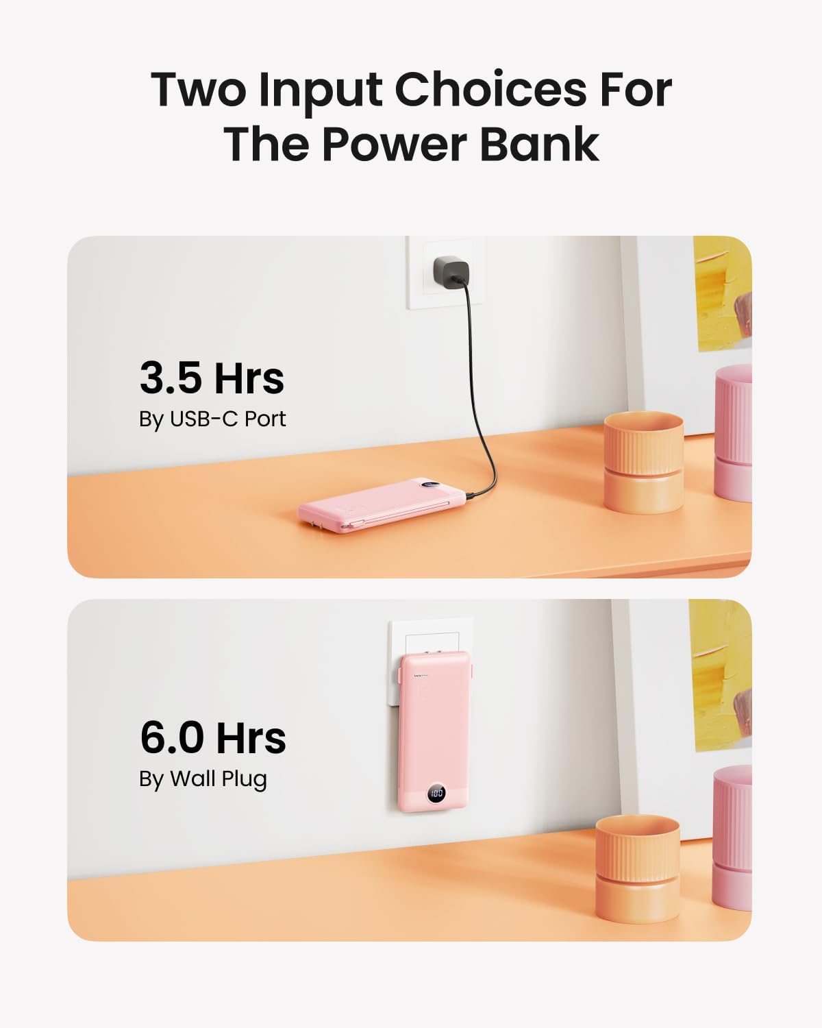 Coowisty Portable Charger Built-in Cables and Wall Plug, 10000mAh Slim USB C Power Bank, LED Display External Battery Pack Compatible with iPhone/Android & More (Pink)