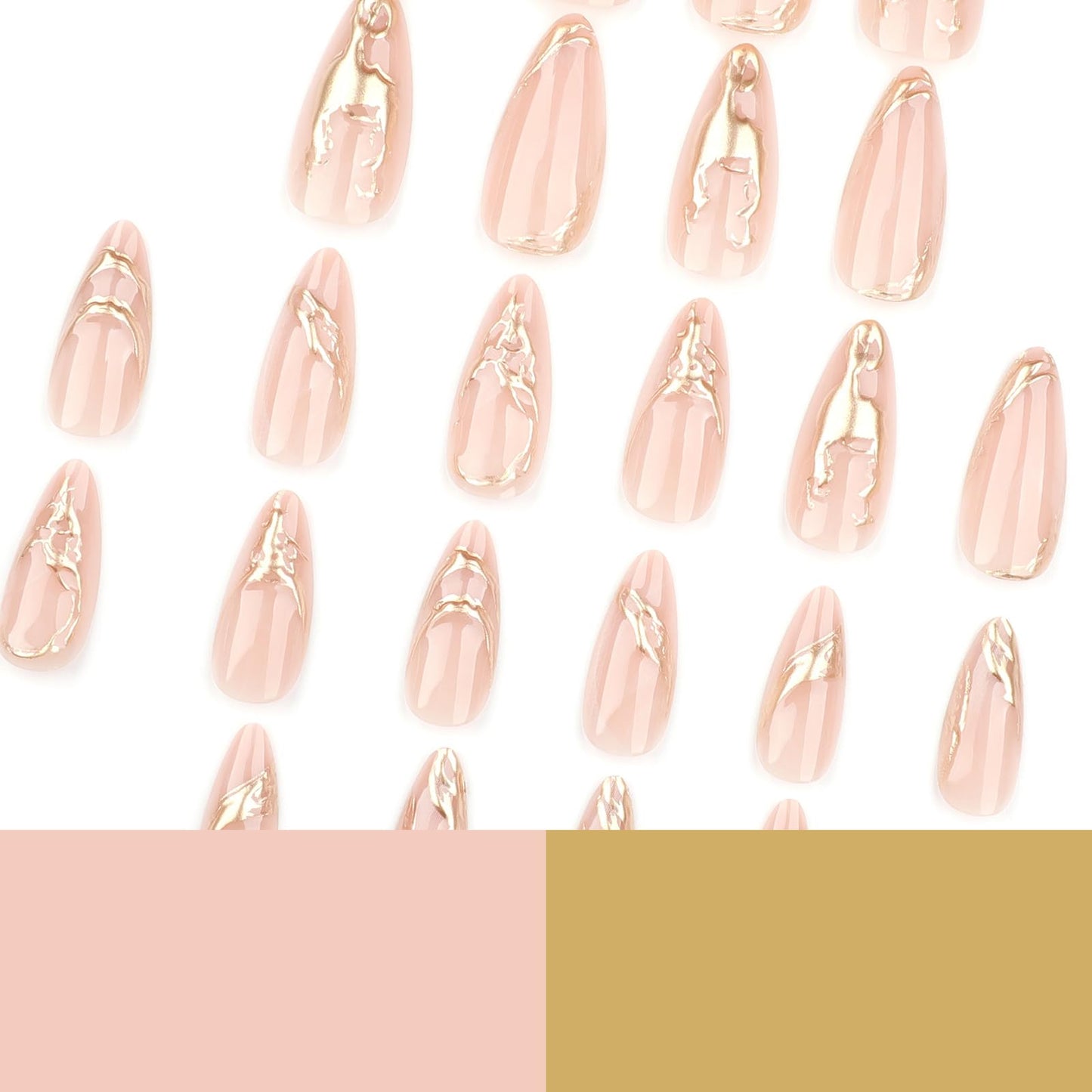 MISUD Press on Nails - Medium Almond Fake Nails with 3D Gold Chrome, Acrylic Bling Design 24 pcs
