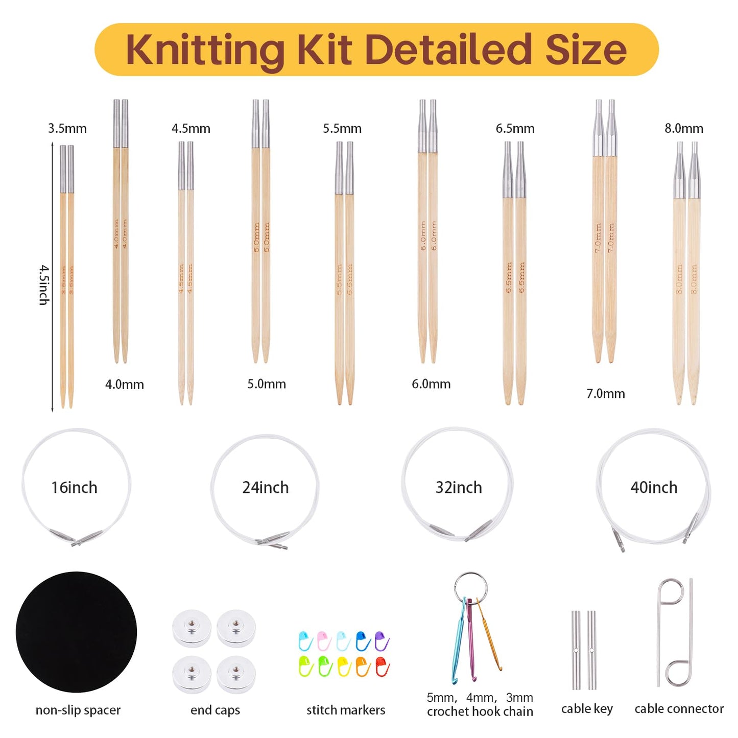 Mdoker Bamboo Knitting Needles Set with Case Interchangeable Circular Knitting Needle with Flexible Cables,9 Pairs Square Round Knitting Needles Cubic Circular Needle for Beginner,DIY Crafts,3.5mm-8mm