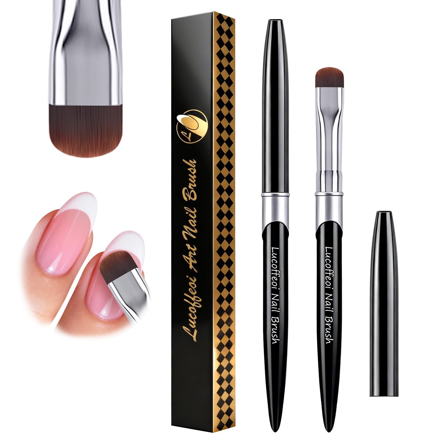 French Brush for Nails & Gel Polish Clean Up, Dual-Use Metal Handle Nail Art Brush with Cap for French Tips, Acrylic, Polygel | Professional Manicure Tool (Black)