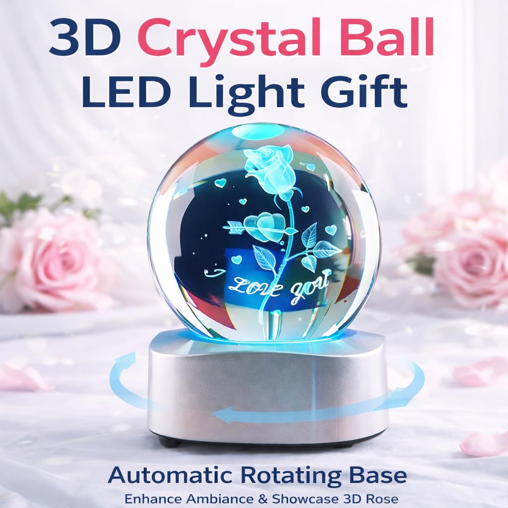 Zerelys Valentine’s Day Romantic Gift for Him Her -3D Rose Crystal Night Light Gifts for Girlfriend Wife Husband Couples Wedding Anniversary Birthday Keepsake with Automatic Rotating Light Led Base