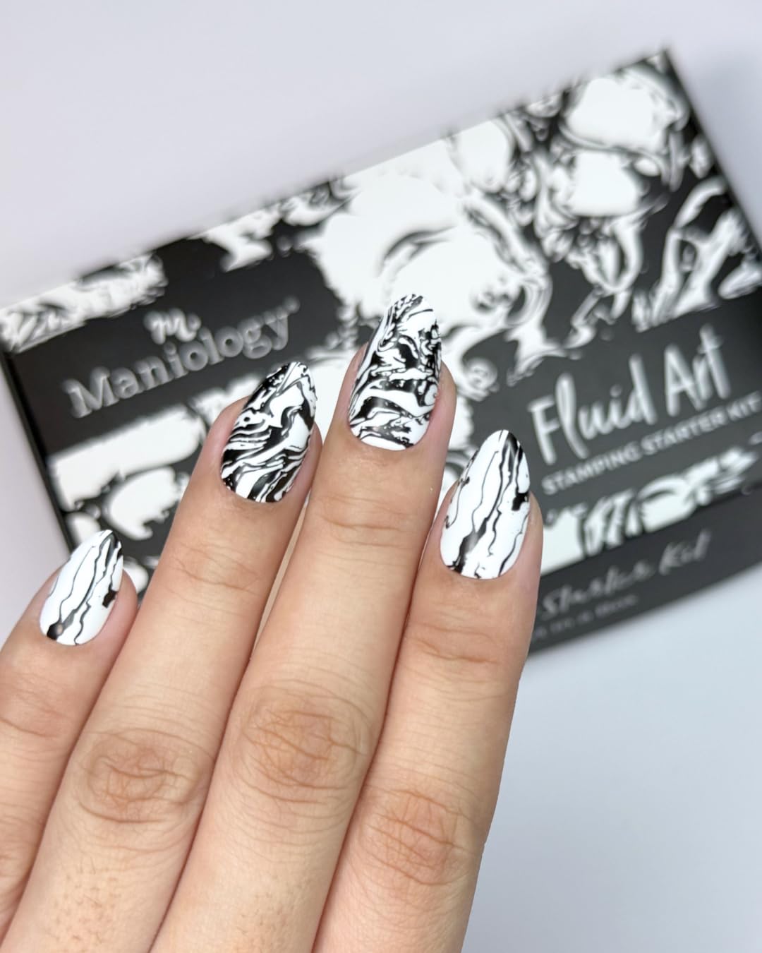 Maniology Fluid Art Nail Stamping Starter Kit | Water Marbling-Inspired Patterns & Easy Marble Designs DIY Manicure Nail Art Set – Includes Stamping Plate, Polish, Top Coat, Stamper & Scraper Card